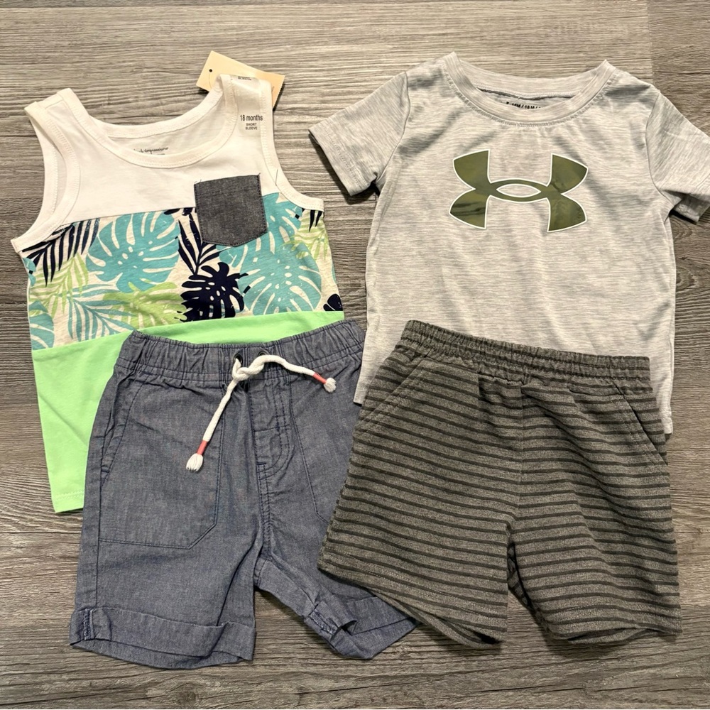 Under Armour Gray Tee with Green Logo + Tropical Tank & Shorts Set. Boys 18 mons